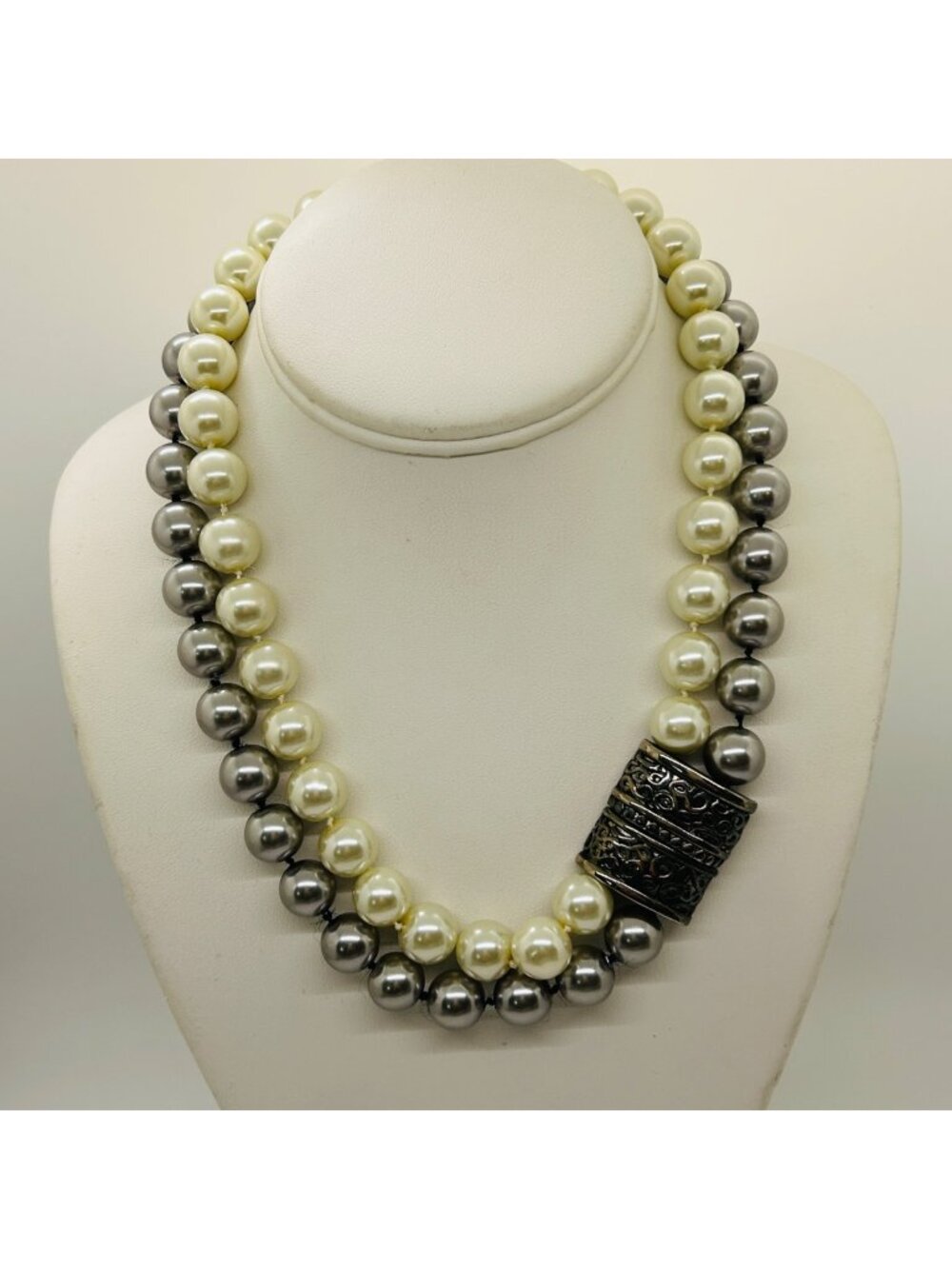 Double Strand Faux Pearl Necklace Dark Gray Cream Textured Magnetic Clasp